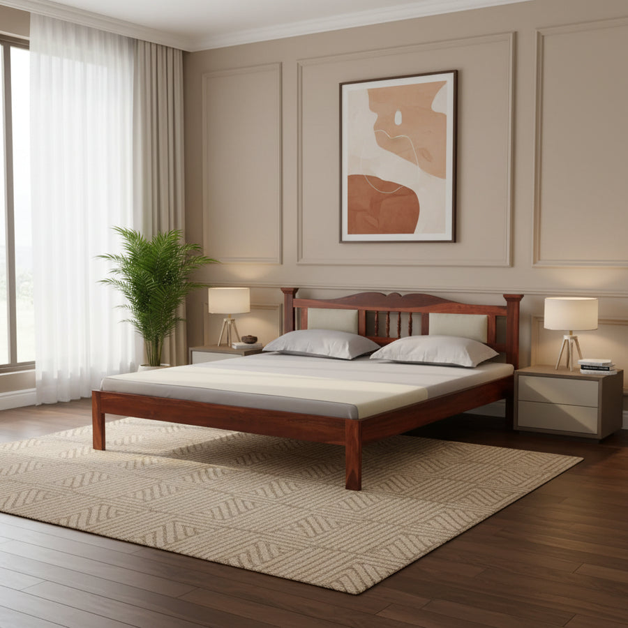Naman Sheesham Wood Queen Size Bed In Honey ak Finish With Padded Headrest