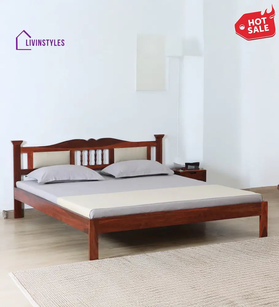 Naman Sheesham Wood Queen Size Bed In Honey ak Finish With Padded Headrest