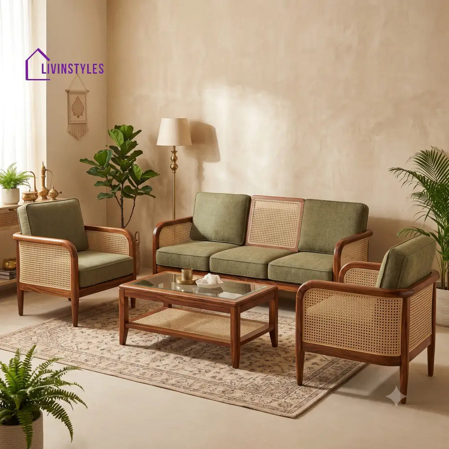 Nandhini Wooden Sofa Set | 3 + 1 + 1 Sheesham Wood Sofa Set for Living Room