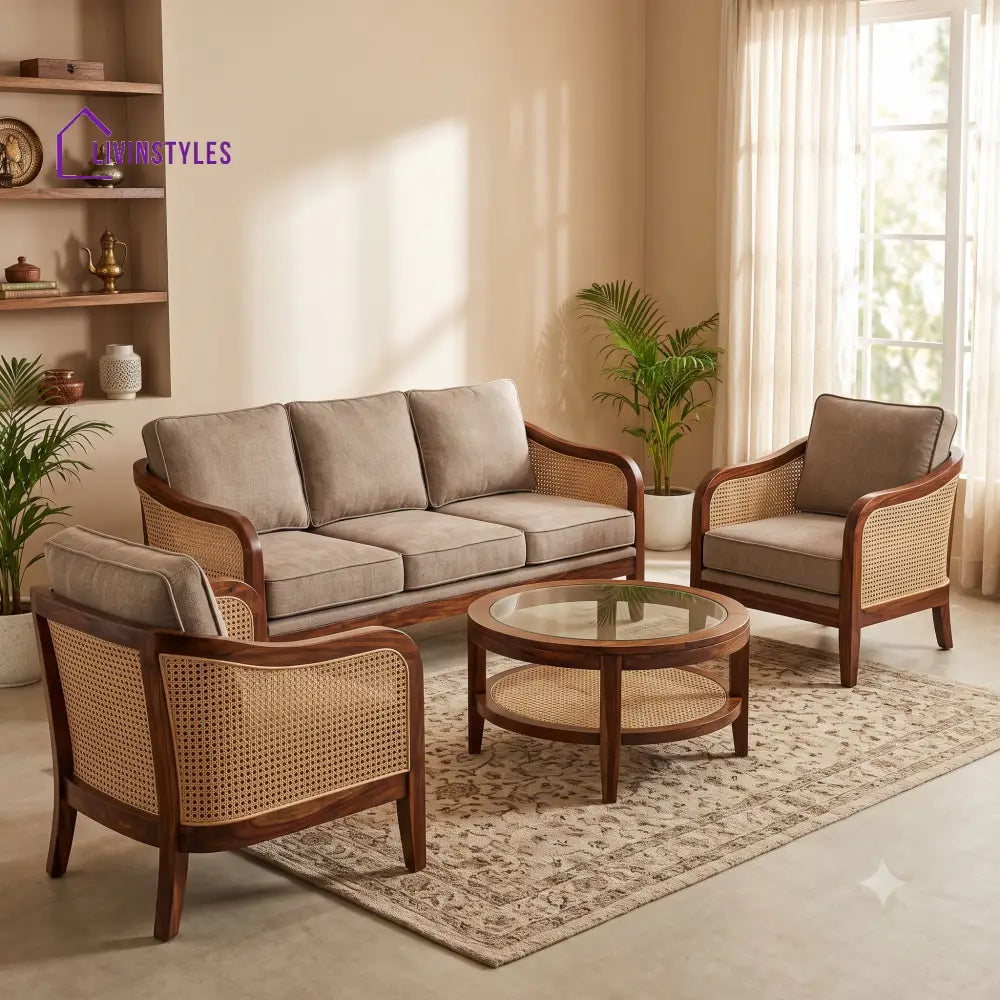 Nandita Wooden Sofa Set | 3 + 1 + 1 Sheesham Wood Sofa Set for Living Room