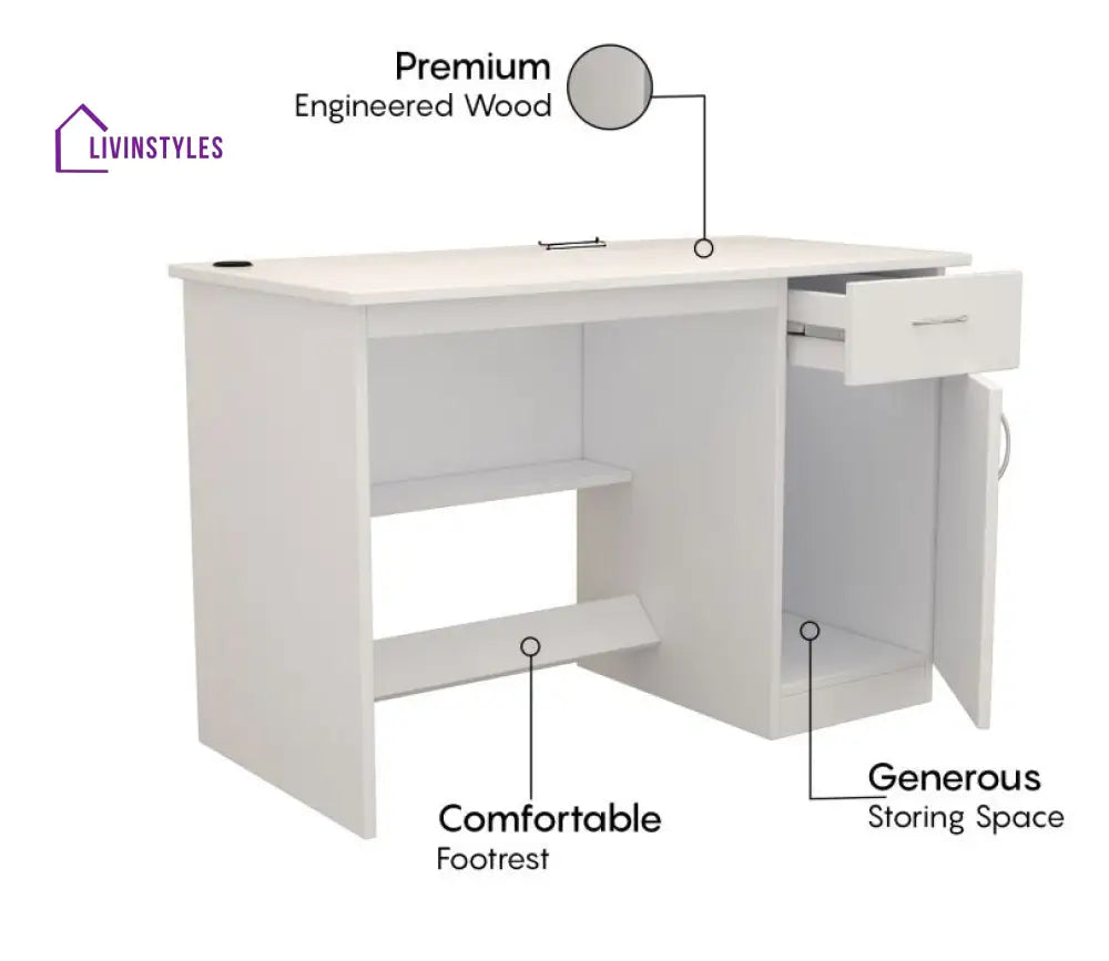 Nastya Premium Engineered Wood Study Table With Multiple Storage Space - White Finish