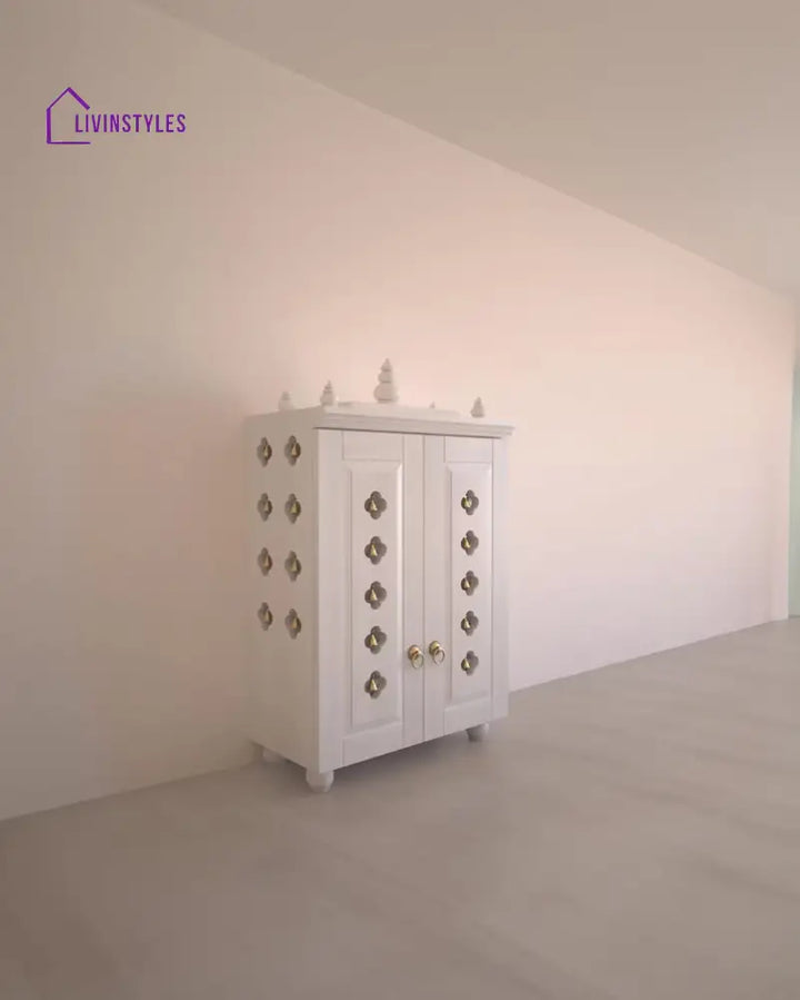 Natalia Medium Traditional Wooden Pooja Mandir with Doors Bells & Lamps | Handcrafted Home Temple