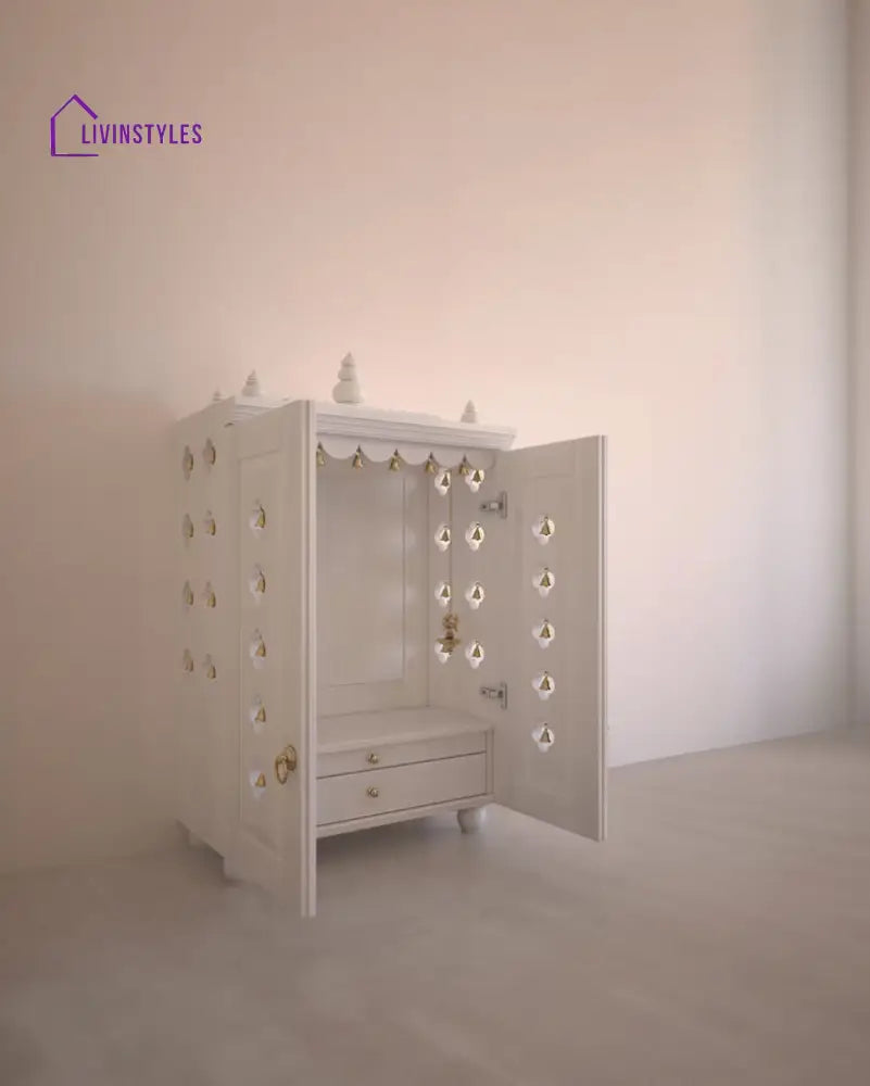 Natalia Medium Traditional Wooden Pooja Mandir with Doors Bells & Lamps | Handcrafted Home Temple