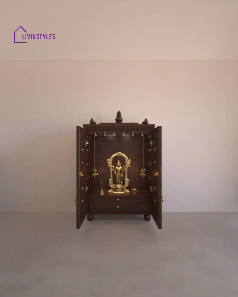 Natalia Medium Traditional Wooden Pooja Mandir with Doors Bells & Lamps | Handcrafted Home Temple