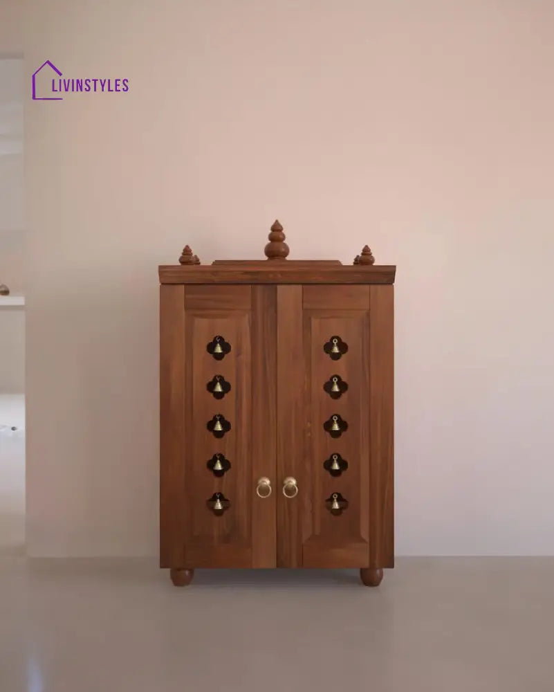Natalia Medium Traditional Wooden Pooja Mandir with Doors Bells & Lamps | Handcrafted Home Temple