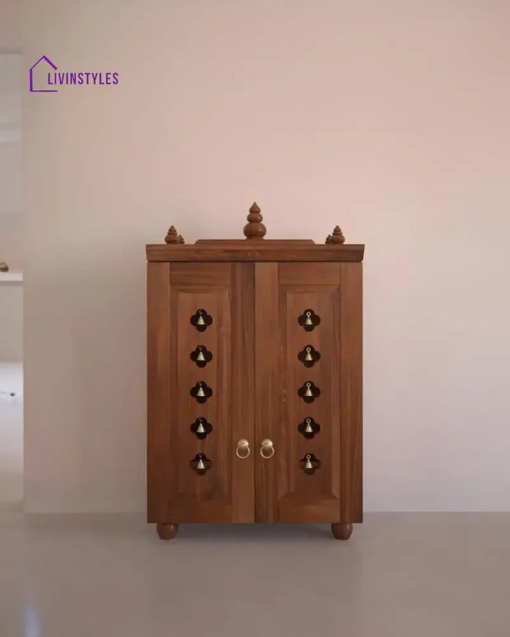 Natalia Medium Traditional Wooden Pooja Mandir with Doors Bells & Lamps | Handcrafted Home Temple