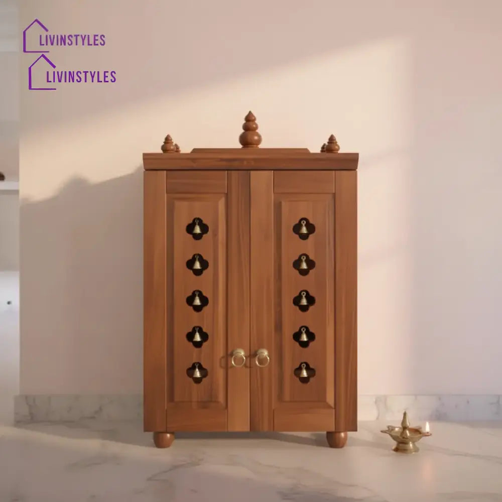 Natalia Medium Traditional Wooden Pooja Mandir with Doors Bells & Lamps | Handcrafted Home Temple