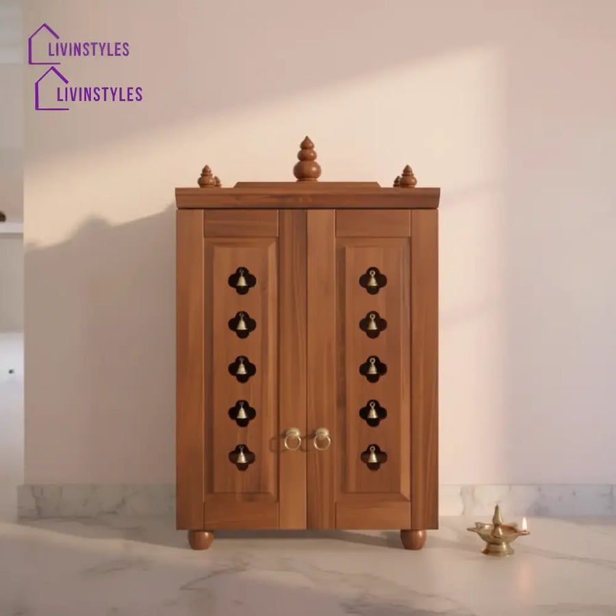 Natalia Medium Traditional Wooden Pooja Mandir with Doors Bells & Lamps | Handcrafted Home Temple