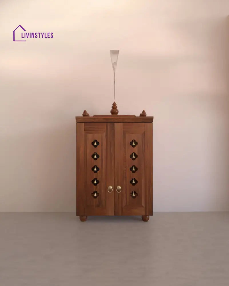 Natalia Medium Traditional Wooden Pooja Mandir with Doors Bells & Lamps | Handcrafted Home Temple