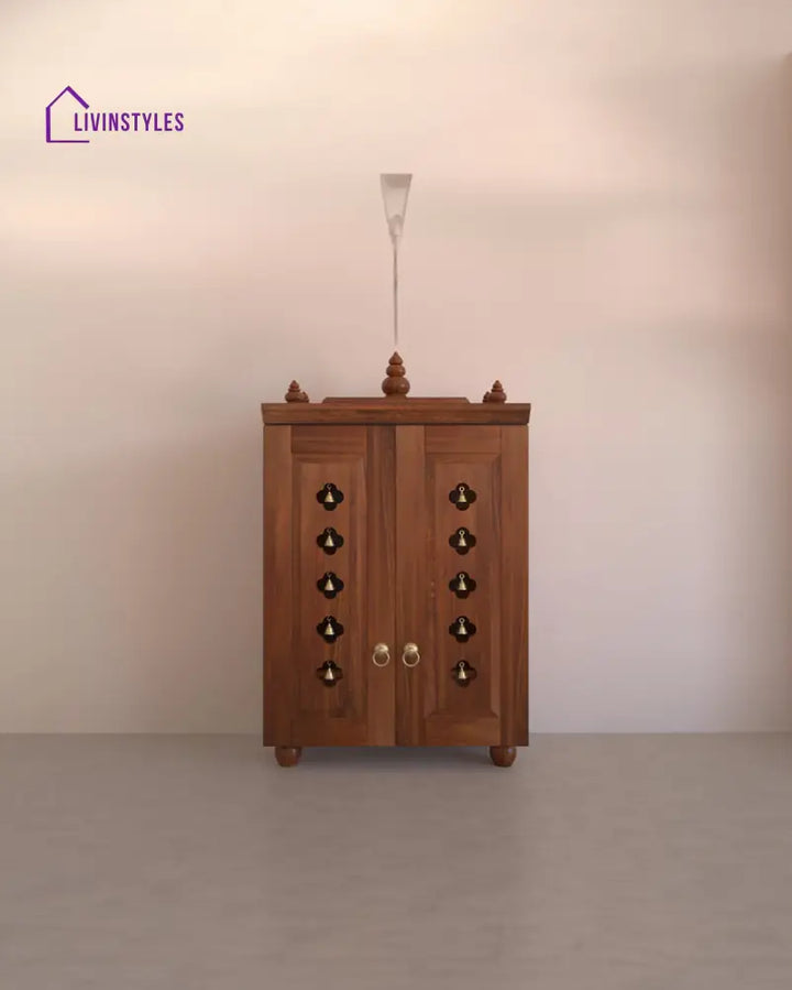 Natalia Medium Traditional Wooden Pooja Mandir with Doors Bells & Lamps | Handcrafted Home Temple