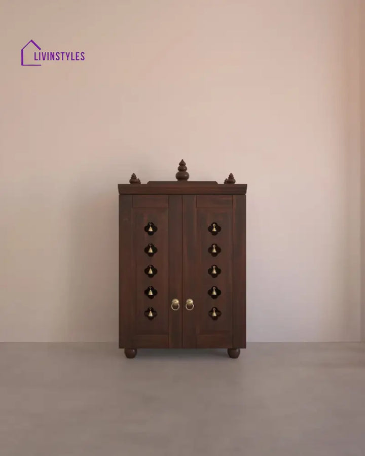 Natalia Medium Traditional Wooden Pooja Mandir with Doors Bells & Lamps | Handcrafted Home Temple