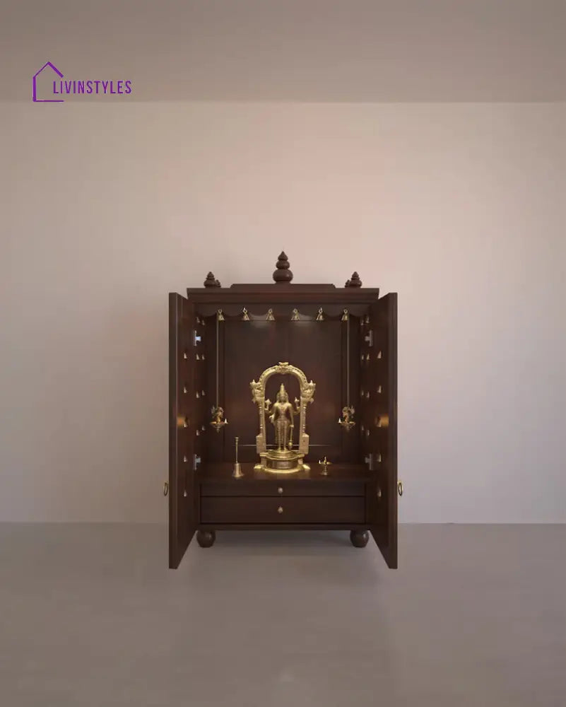Natalia Medium Traditional Wooden Pooja Mandir with Doors Bells & Lamps | Handcrafted Home Temple