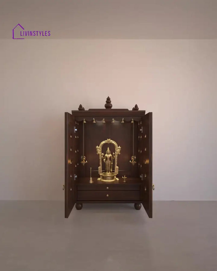 Natalia Medium Traditional Wooden Pooja Mandir with Doors Bells & Lamps | Handcrafted Home Temple