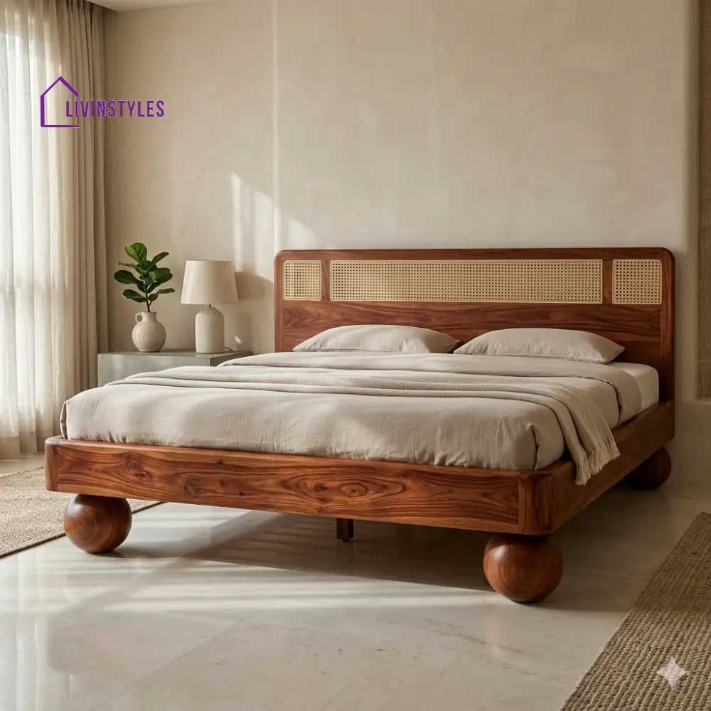Natalia Sheesham Wood Bed with Ball Shaped Legs and Cane Weaving Headboard