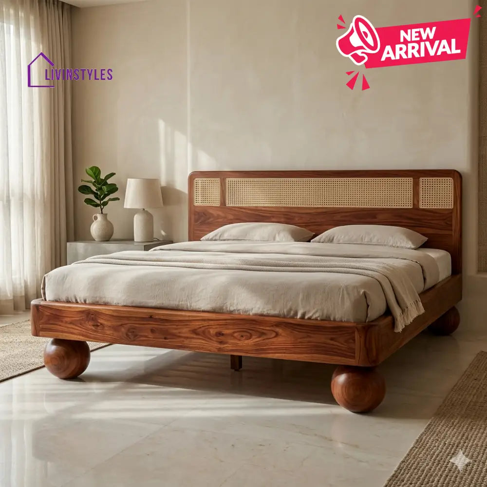 Natalia Sheesham Wood Bed with Ball Shaped Legs and Cane Weaving Headboard