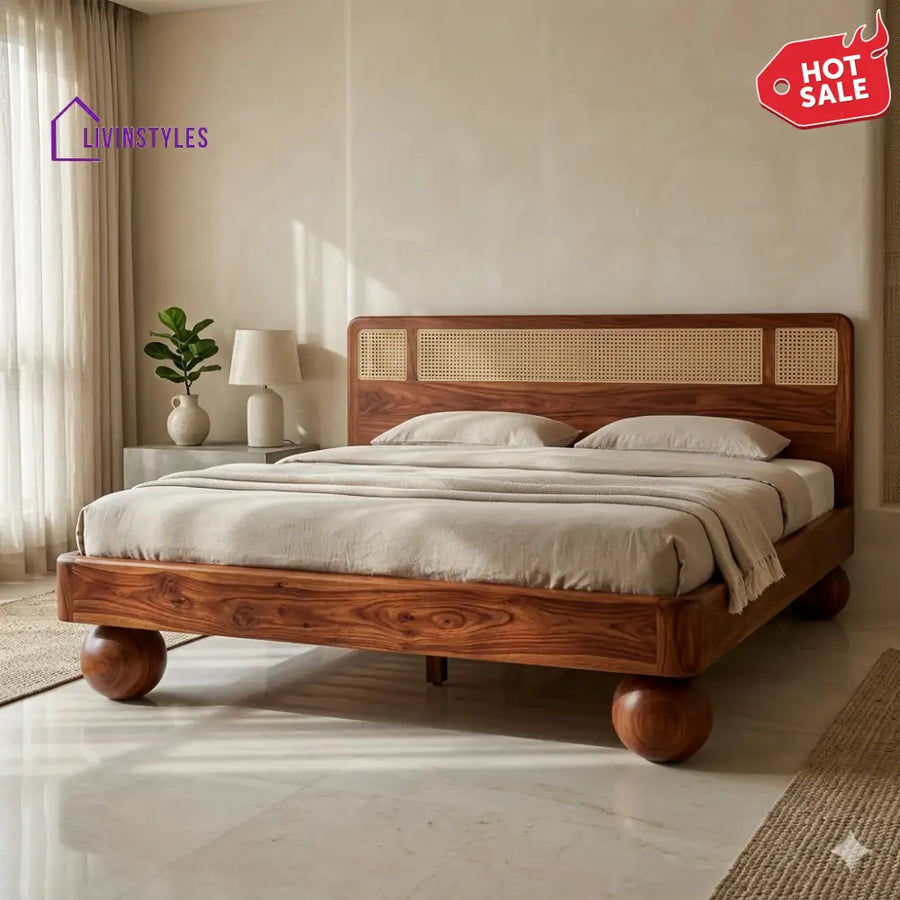 Natalia Sheesham Wood Bed with Ball Shaped Legs and Cane Weaving Headboard