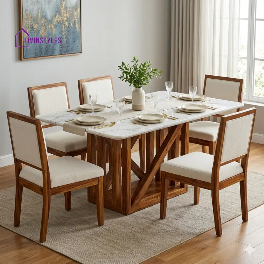 Natalia Solid Sheesham Wood 6 Seater Dining Table Set