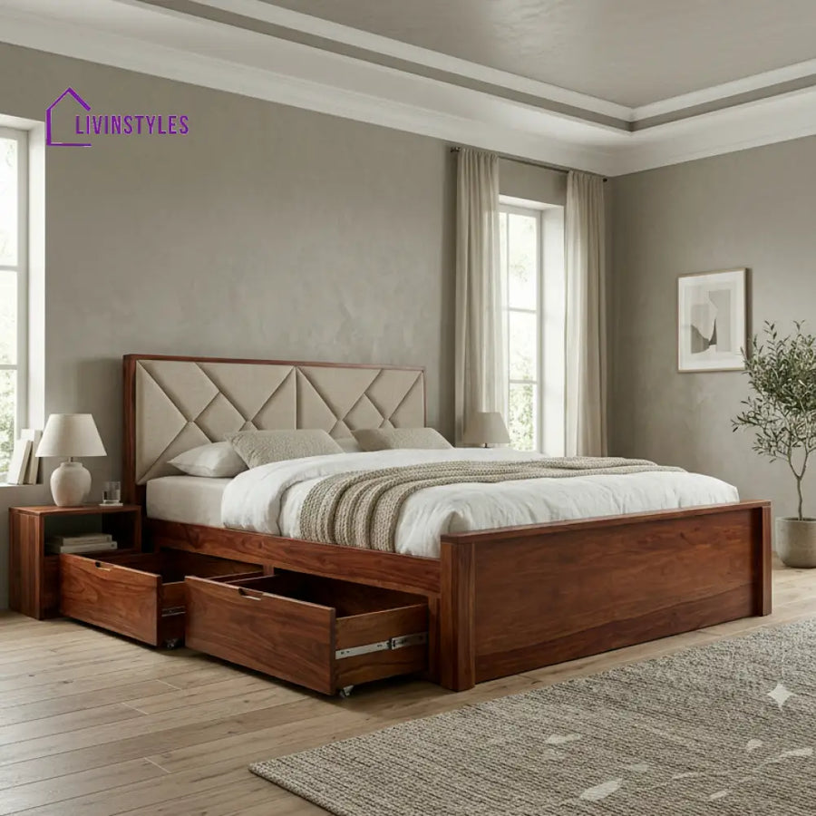 Nate Premium Sheesham Wood Bed with Fabric Headboard