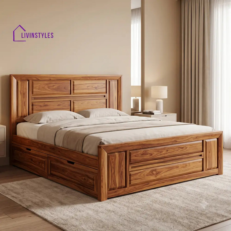 Nathalie Premium Wooden Bed with Drawer Storage | King Size Bed & Queen Size Bed Online