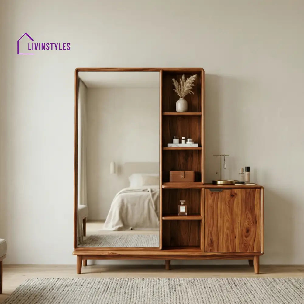 Nathan Sheesham Wood Dressing Table with Mirror and Storage (Honey Finish)