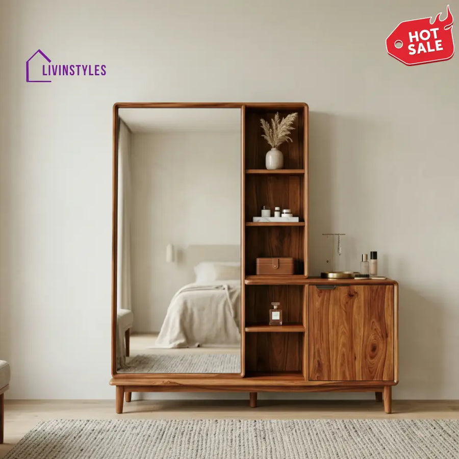 Nathan Sheesham Wood Dressing Table with Mirror and Storage (Honey Finish)