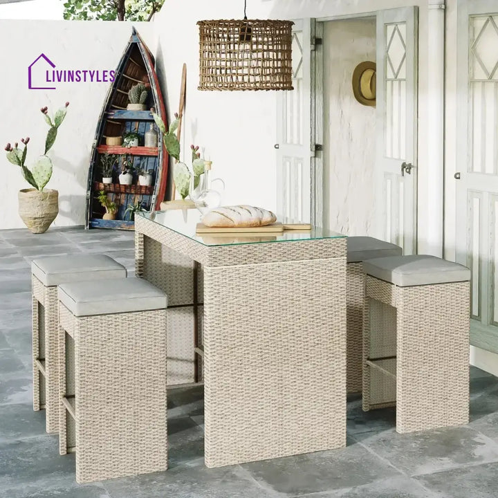 Natsuki 5-Piece Outdoor Rattan Wicker Bar Set with Glass Top Table - Bar Set