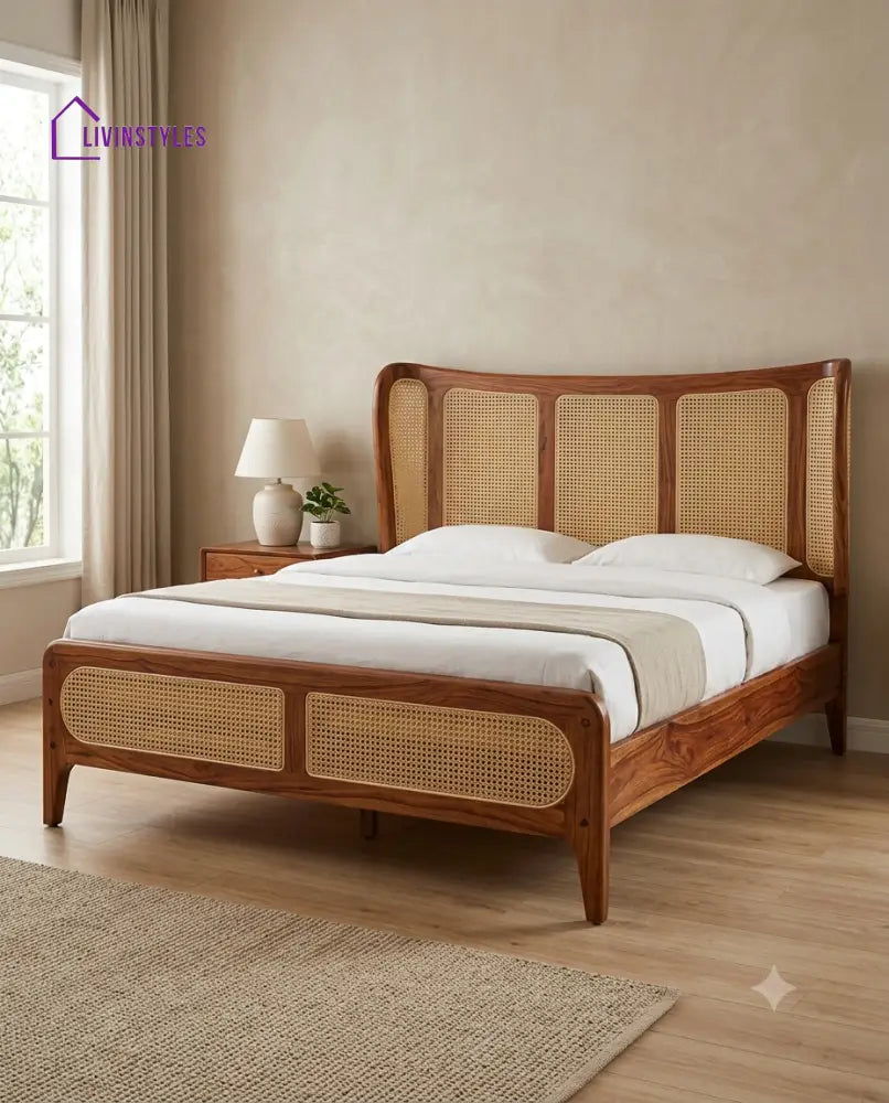Naveen Wooden Bed with Cane Weaving Headboard Design | Bed without Storage