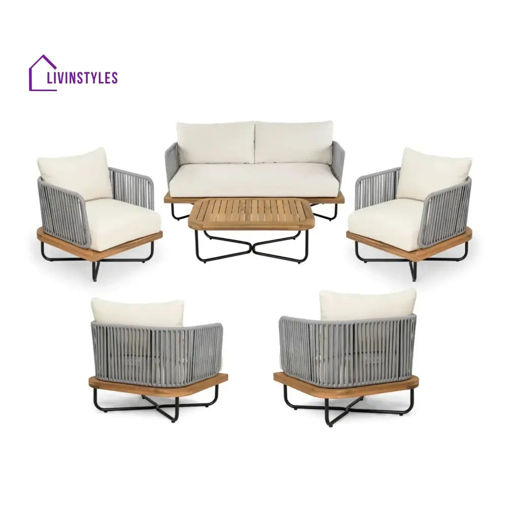 Navisha Outdoor 6-Piece Rope Woven Conversation Sofa Set with Wooden Top Table - Sofa Set