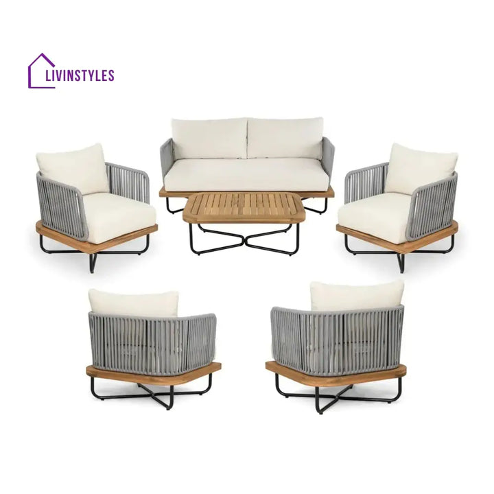 Navisha Outdoor 6-Piece Rope Woven Conversation Sofa Set with Wooden Top Table - Sofa Set