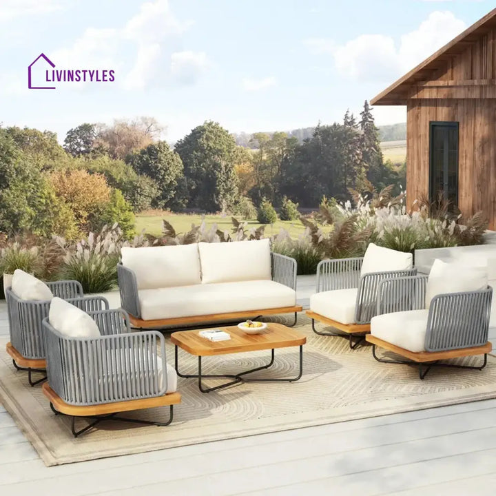 Navisha Outdoor 6-Piece Rope Woven Conversation Sofa Set with Wooden Top Table - Sofa Set