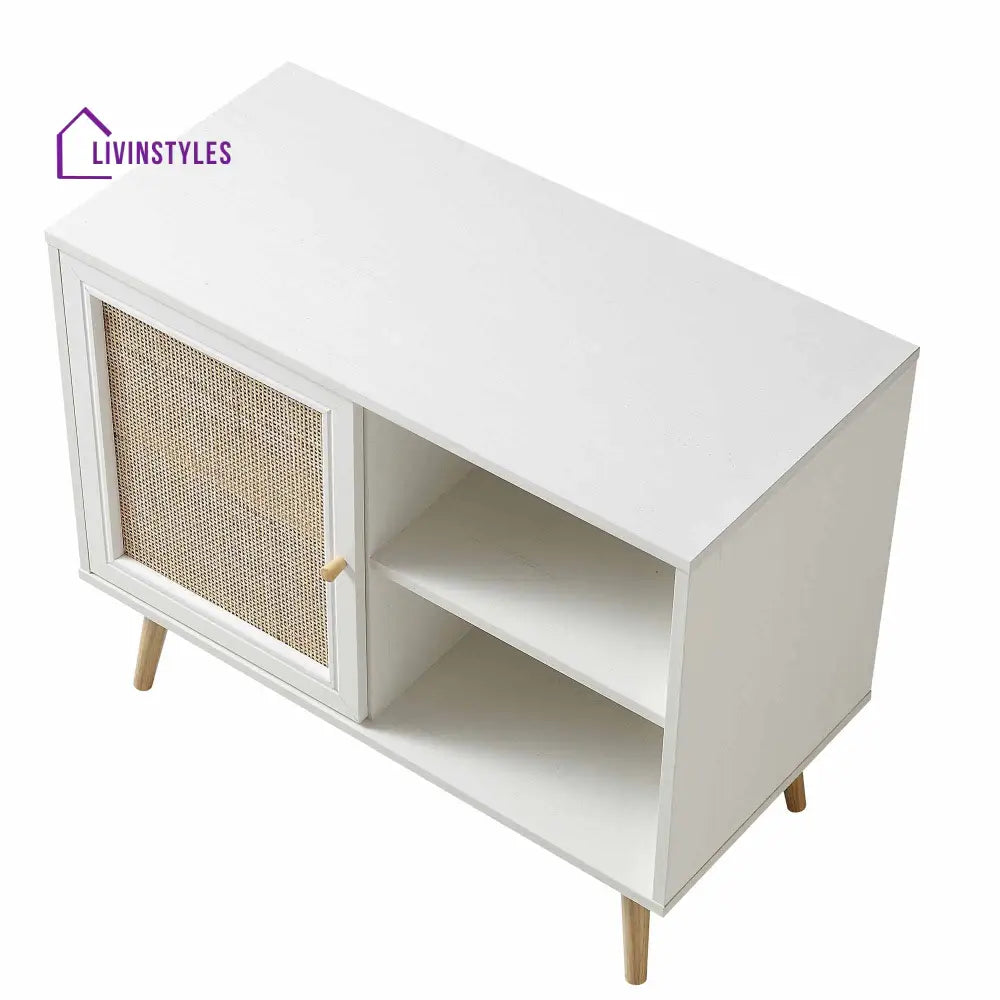 Frances Woven Rattan 1-Door Cabinet in White Cabinets & Chests