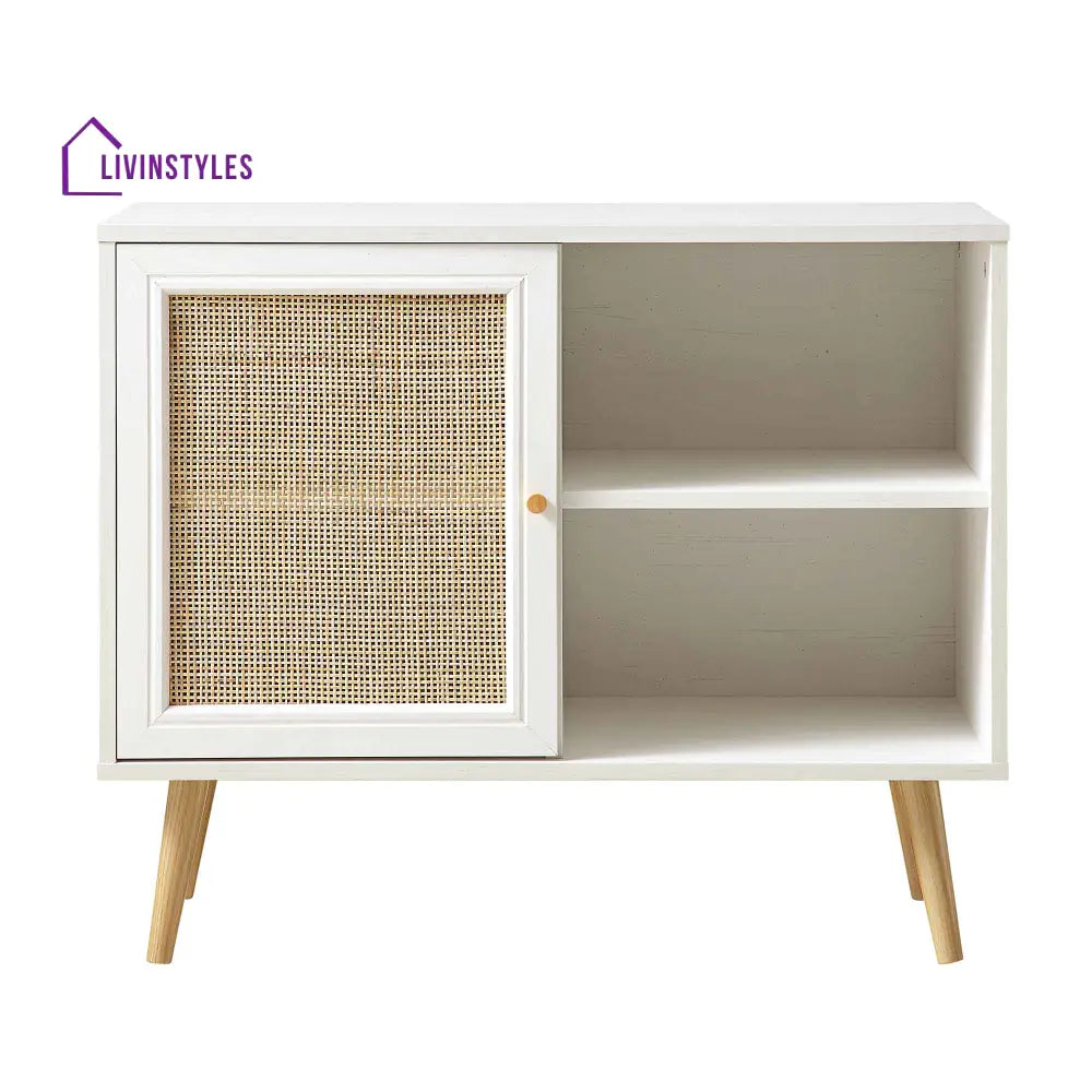 Frances Woven Rattan 1-Door Cabinet in White Cabinets & Chests