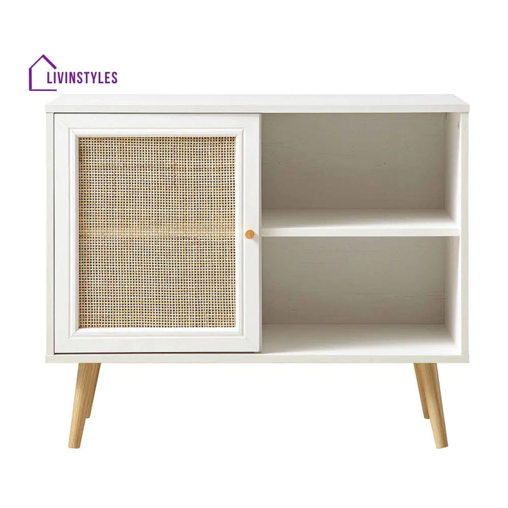 Frances Woven Rattan 1-Door Cabinet in White Cabinets & Chests