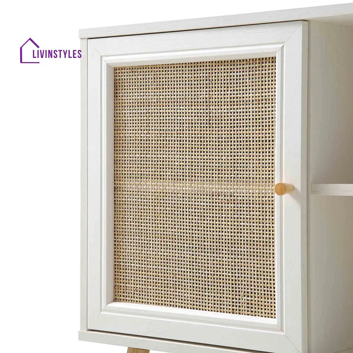 Frances Woven Rattan 1-Door Cabinet in White Cabinets & Chests