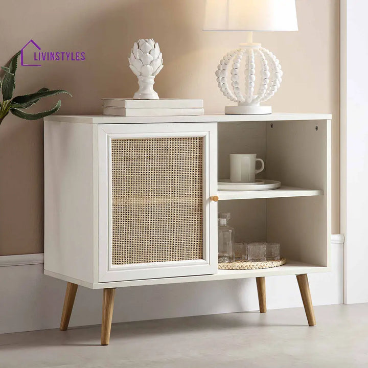 Frances Woven Rattan 1-Door Cabinet in White Cabinets & Chests