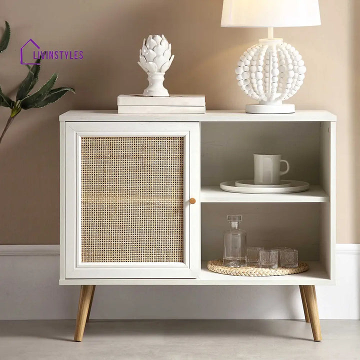 Frances Woven Rattan 1-Door Cabinet in White Cabinets & Chests