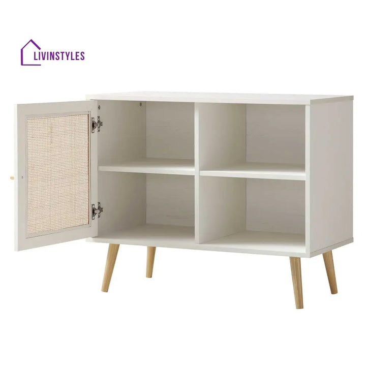 Frances Woven Rattan 1-Door Cabinet in White Cabinets & Chests