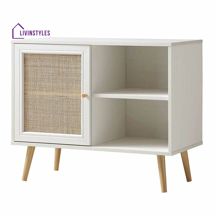 Frances Woven Rattan 1-Door Cabinet in White Cabinets & Chests