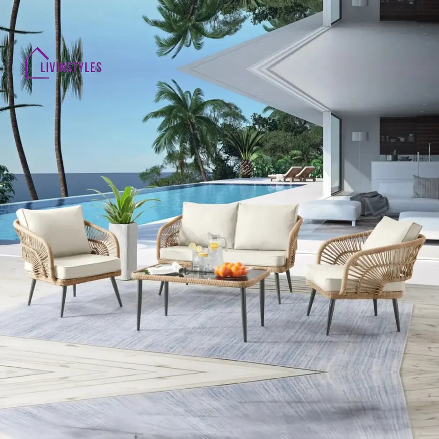 Navy Outdoor Rope 4-Piece Patio Sofa Set with Glass Top Table (Beige/Cream) - Sofa Set
