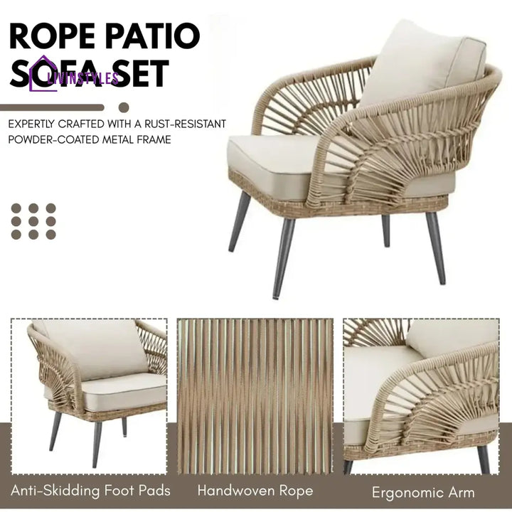 Navy Outdoor Rope 4-Piece Patio Sofa Set with Glass Top Table (Beige/Cream) - Sofa Set