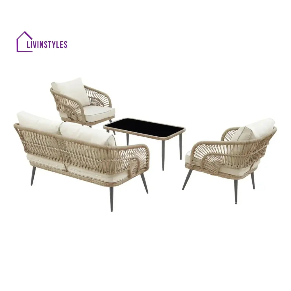 Navy Outdoor Rope 4-Piece Patio Sofa Set with Glass Top Table (Beige/Cream) - Sofa Set