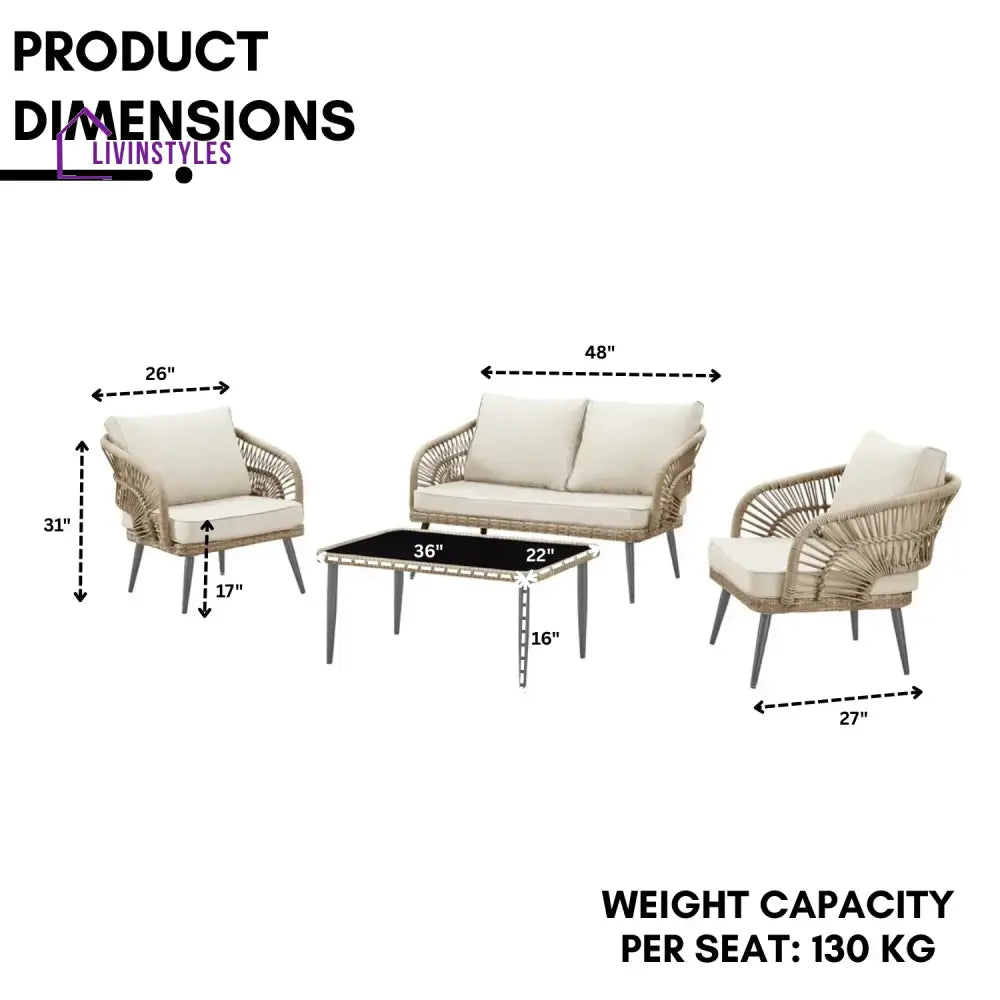 Navy Outdoor Rope 4-Piece Patio Sofa Set with Glass Top Table (Beige/Cream) - Sofa Set