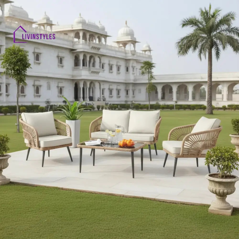 Navy Outdoor Rope 4-Piece Patio Sofa Set with Glass Top Table (Beige/Cream) - Sofa Set