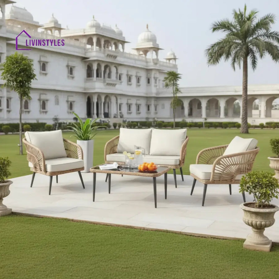 Navy Outdoor Rope 4-Piece Patio Sofa Set with Glass Top Table (Beige/Cream) - Sofa Set