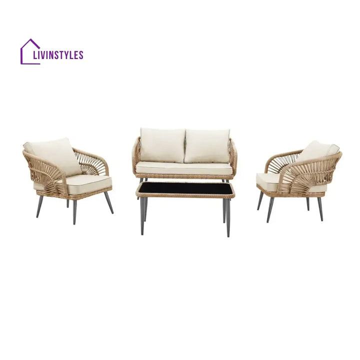 Navy Outdoor Rope 4-Piece Patio Sofa Set with Glass Top Table (Beige/Cream) - Sofa Set