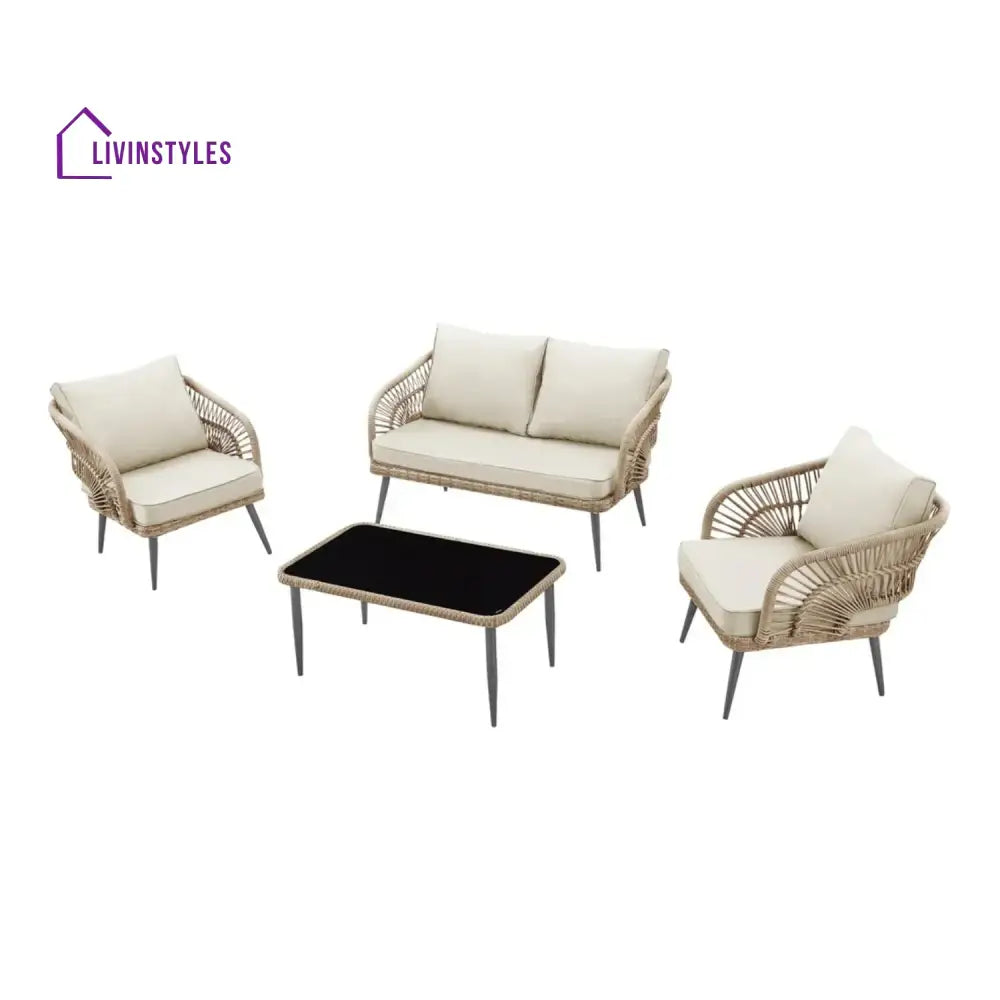 Navy Outdoor Rope 4-Piece Patio Sofa Set with Glass Top Table (Beige/Cream) - Sofa Set