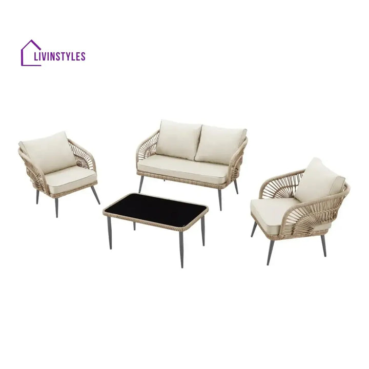 Navy Outdoor Rope 4-Piece Patio Sofa Set with Glass Top Table (Beige/Cream) - Sofa Set