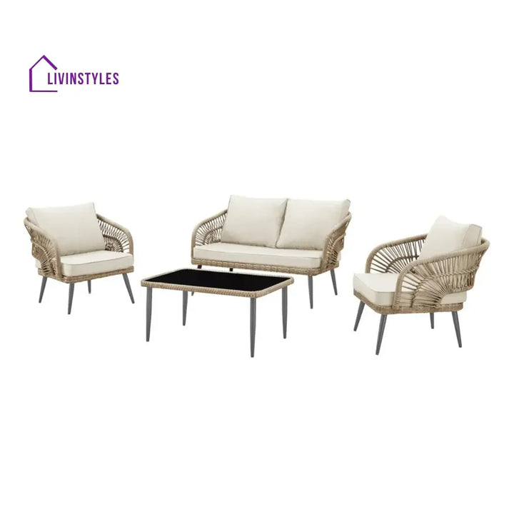 Navy Outdoor Rope 4-Piece Patio Sofa Set with Glass Top Table (Beige/Cream) - Sofa Set