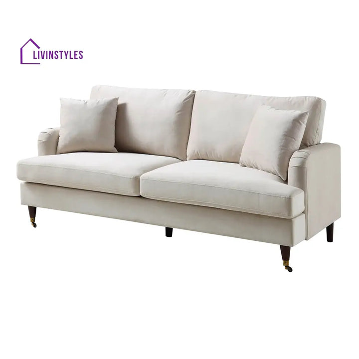 Brigette 3-Seater Beige Velvet Sofa with Antique Brass Castor Legs Sofas
