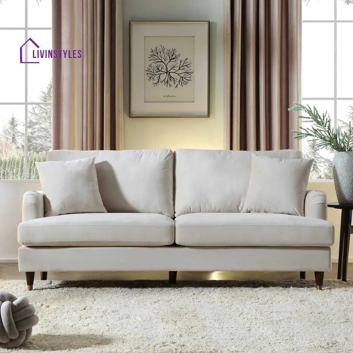 Brigette 3-Seater Beige Velvet Sofa with Antique Brass Castor Legs Sofas